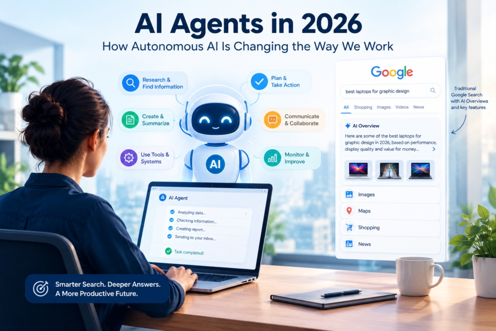 AI agent assisting a professional with research, planning, automation, and task completion in a modern workplace.
